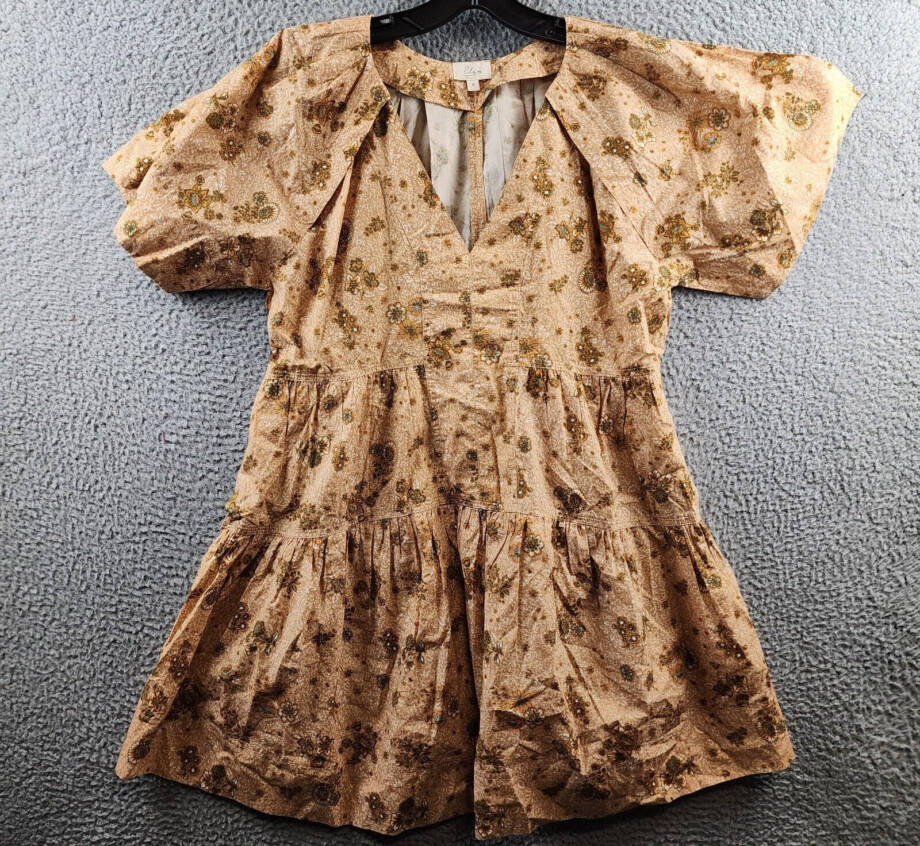 Elan Printed V-Neck Mini Dress Women's S Gold Folkfloral Short Sleeve Pullover~