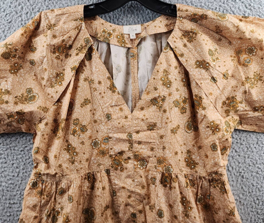 Elan Printed V-Neck Mini Dress Women's S Gold Folkfloral Short Sleeve Pullover~