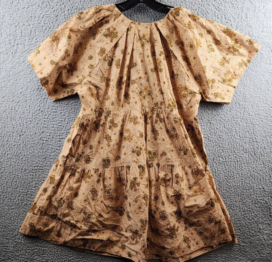 Elan Printed V-Neck Mini Dress Women's S Gold Folkfloral Short Sleeve Pullover~