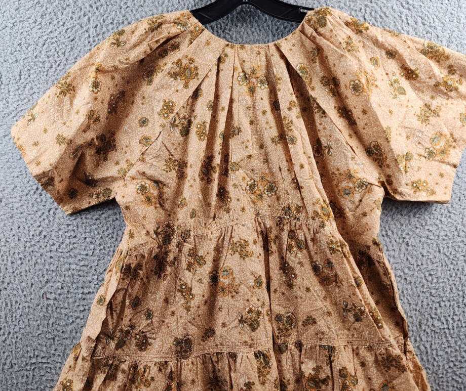 Elan Printed V-Neck Mini Dress Women's S Gold Folkfloral Short Sleeve Pullover~