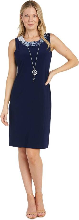 R & M Richards Flyaway-Airbrush Puff-Print Necklace Dress Women's 16 Navy/Denim