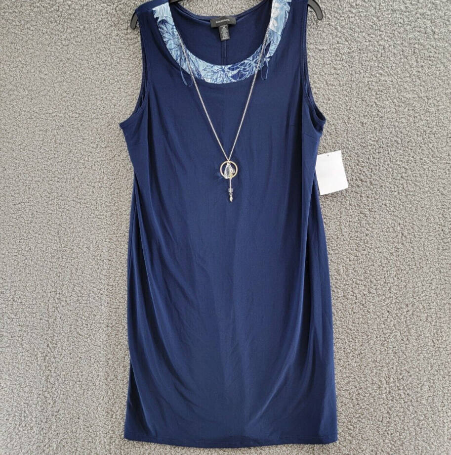 R & M Richards Flyaway-Airbrush Puff-Print Necklace Dress Women's 16 Navy/Denim