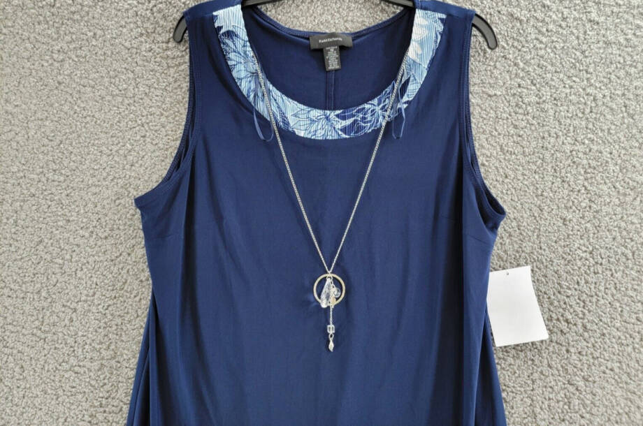 R & M Richards Flyaway-Airbrush Puff-Print Necklace Dress Women's 16 Navy/Denim