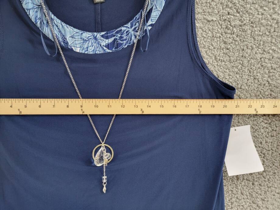 R & M Richards Flyaway-Airbrush Puff-Print Necklace Dress Women's 16 Navy/Denim