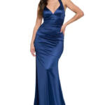 B Darlin Strappy-Back Satin Gown Juniors' 15/16 Blue V-Neck Tie Zip Back Closure