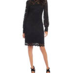 Karen Kane Lace Boat Neck Shift Dress Women's S Black Scalloped Hem Pullover L/S