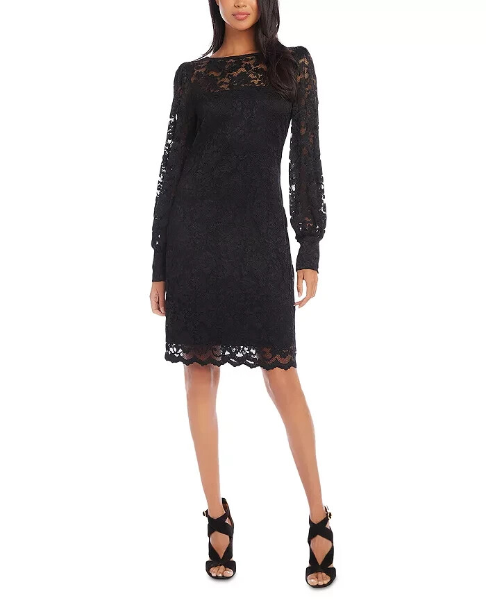 Karen Kane Lace Boat Neck Shift Dress Women's S Black Scalloped Hem Pullover L/S