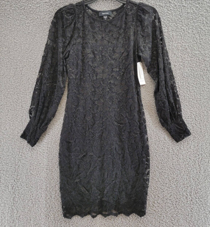 Karen Kane Lace Boat Neck Shift Dress Women's S Black Scalloped Hem Pullover L/S