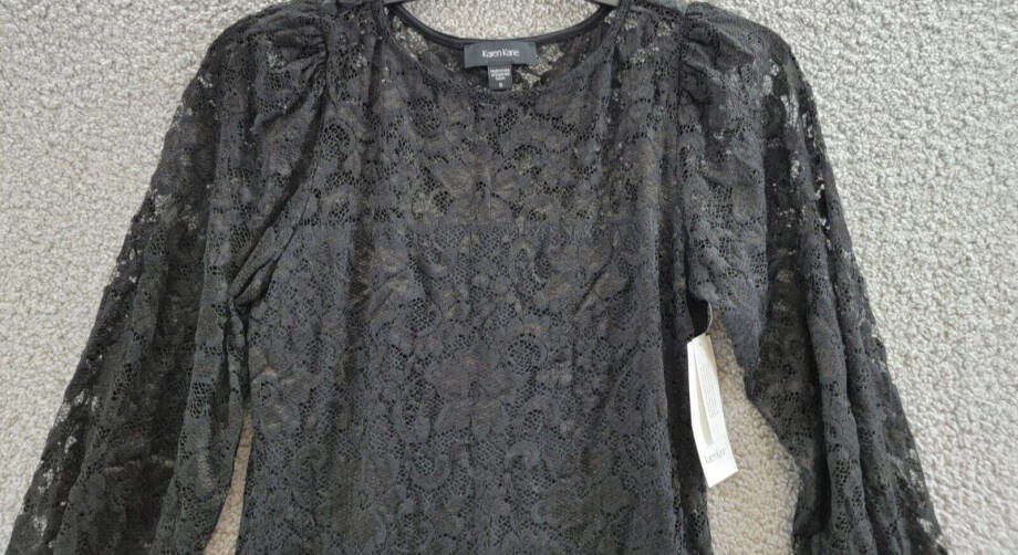 Karen Kane Lace Boat Neck Shift Dress Women's S Black Scalloped Hem Pullover L/S