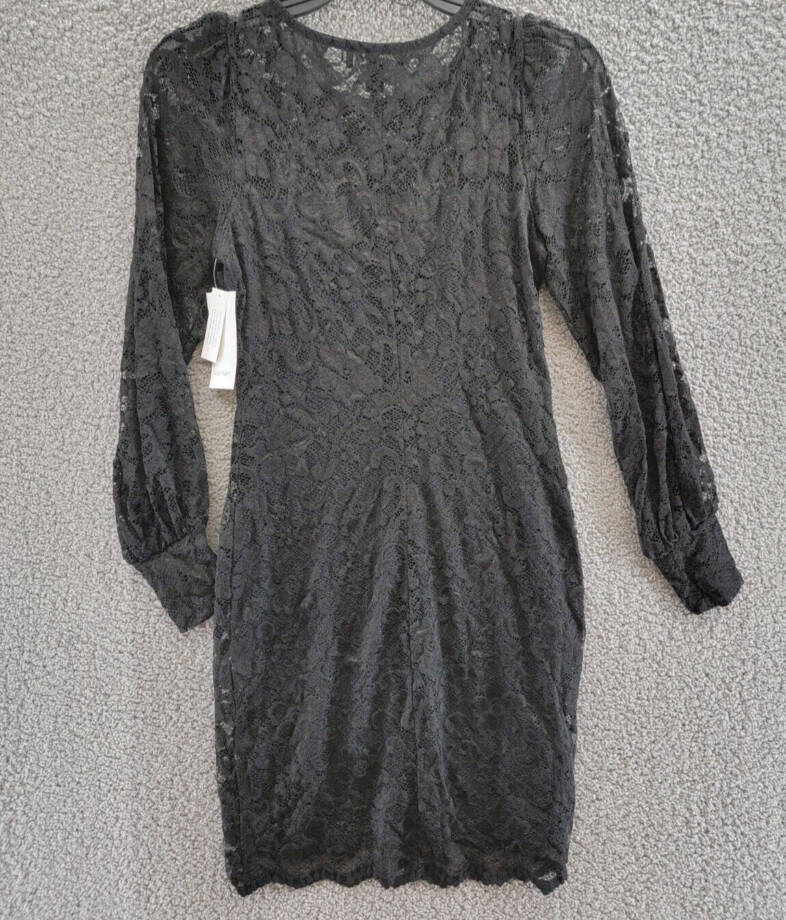 Karen Kane Lace Boat Neck Shift Dress Women's S Black Scalloped Hem Pullover L/S