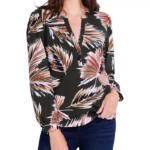 NZT NIC+ZOE Fern Perfect Knit Henley Blouse Women's XS Green Multi Long Sleeve