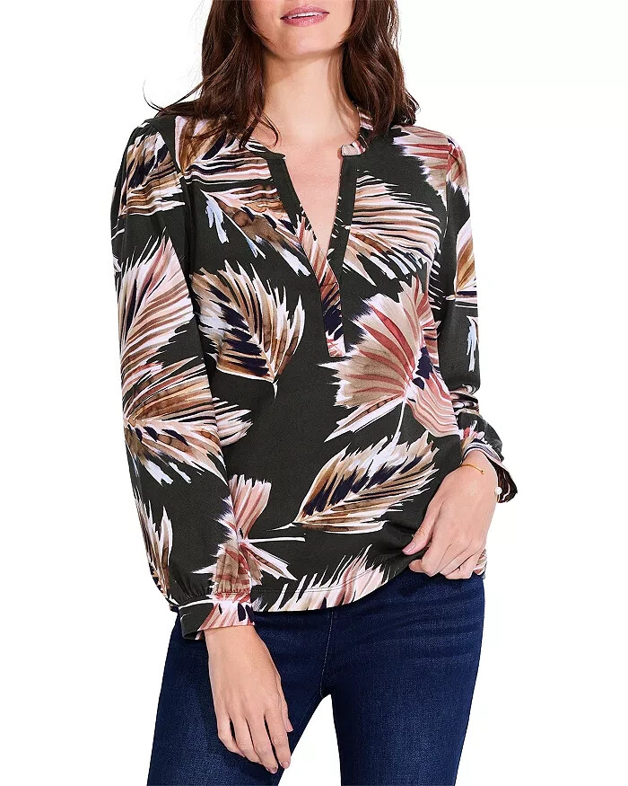 NZT NIC+ZOE Fern Perfect Knit Henley Blouse Women's XS Green Multi Long Sleeve