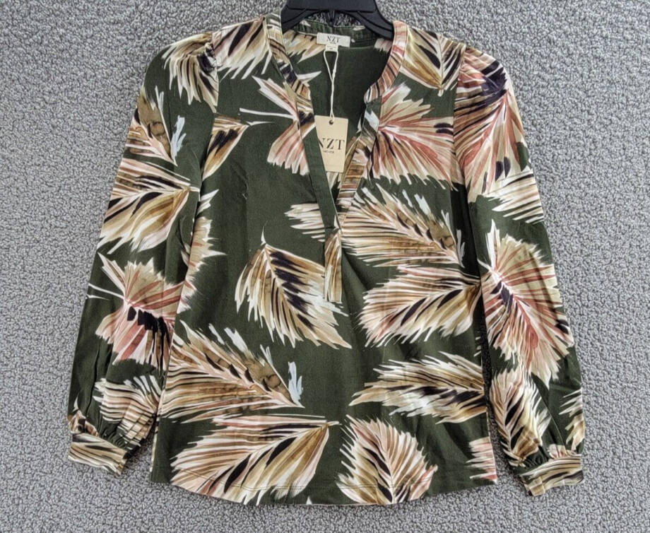 NZT NIC+ZOE Fern Perfect Knit Henley Blouse Women's XS Green Multi Long Sleeve