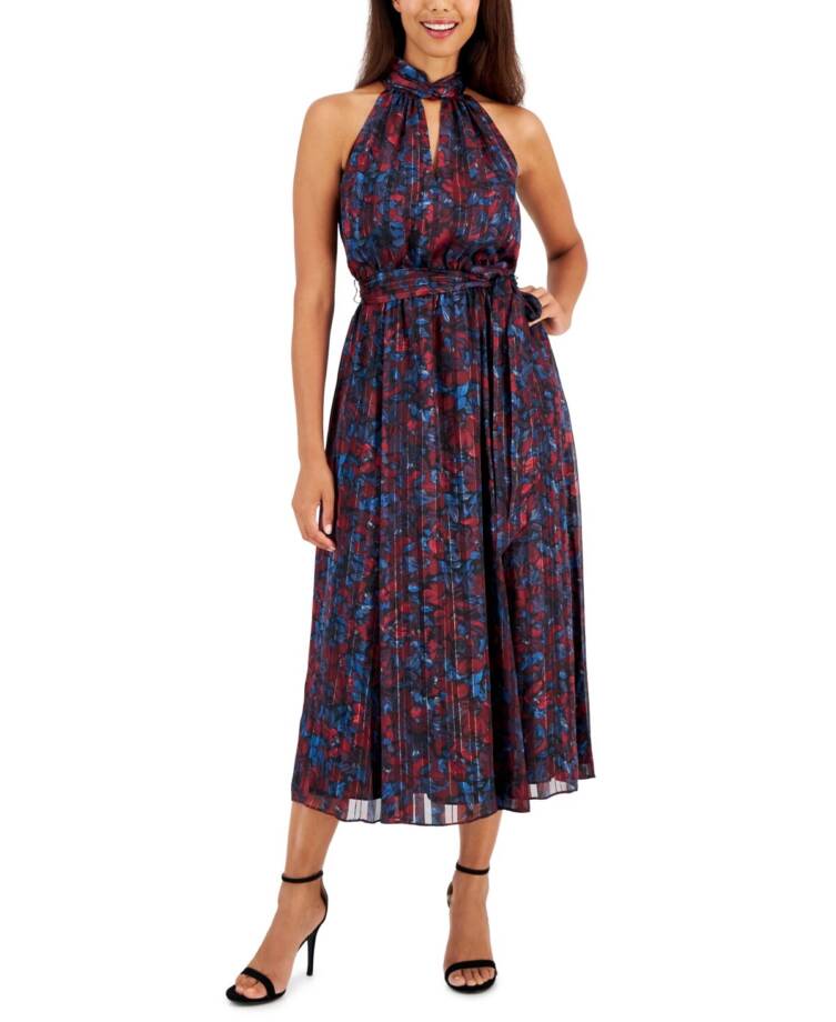 Anne Klein Twist Neck Printed Halter Midi Dress Women's 4 Multicolor Sleeveless