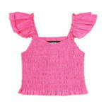 KatieJnyc Joanna Smocked Crop Top Girls' M Neon Pink Ruffled Hem Square Neck