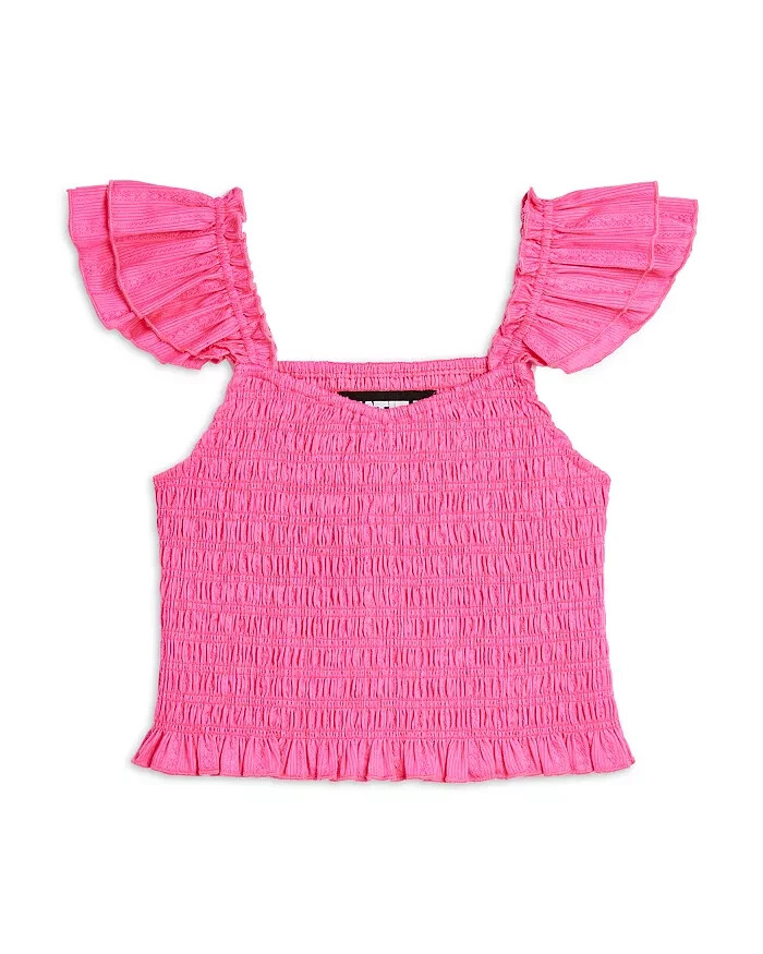 KatieJnyc Joanna Smocked Crop Top Girls' M Neon Pink Ruffled Hem Square Neck
