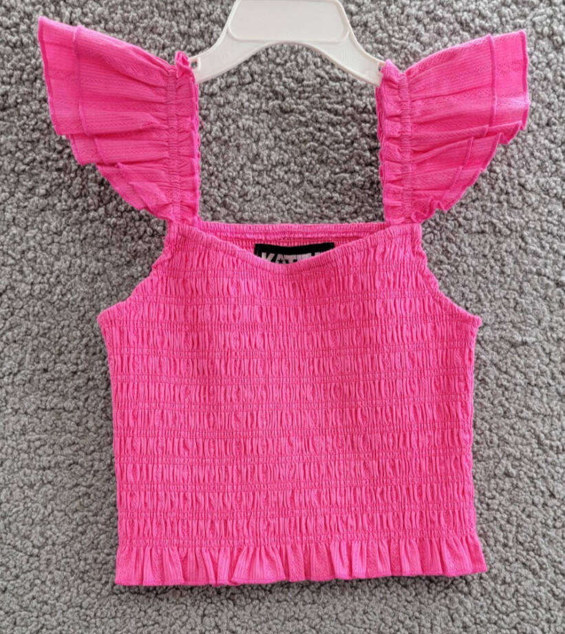 KatieJnyc Joanna Smocked Crop Top Girls' M Neon Pink Ruffled Hem Square Neck