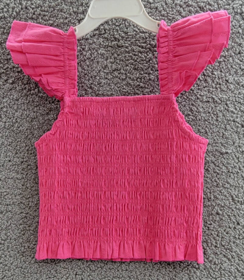 KatieJnyc Joanna Smocked Crop Top Girls' M Neon Pink Ruffled Hem Square Neck