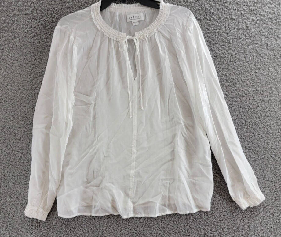 Velvet By Graham & Spencer V-Neck Top Women's M White Split Neck Long Sleeve
