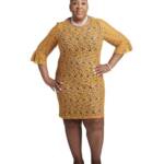 Kasper Lace Bell Sleeve Sheath Dress Women's S Gold/Royal Blue Back Zip Closure