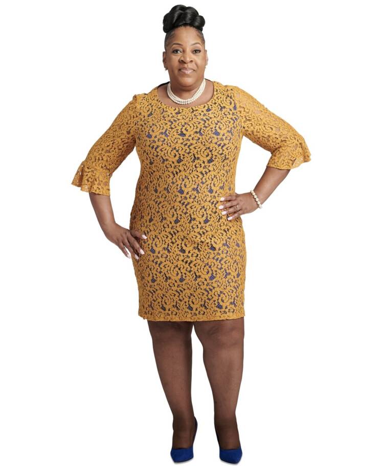 Kasper Lace Bell Sleeve Sheath Dress Women's S Gold/Royal Blue Back Zip Closure