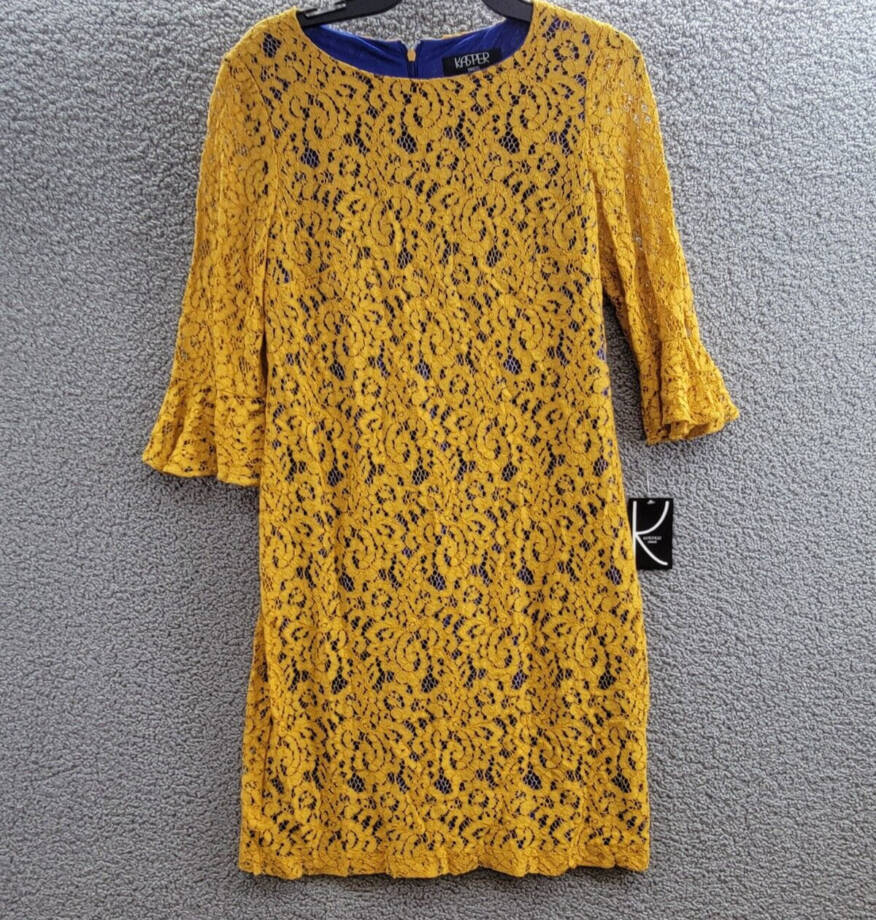 Kasper Lace Bell Sleeve Sheath Dress Women's S Gold/Royal Blue Back Zip Closure