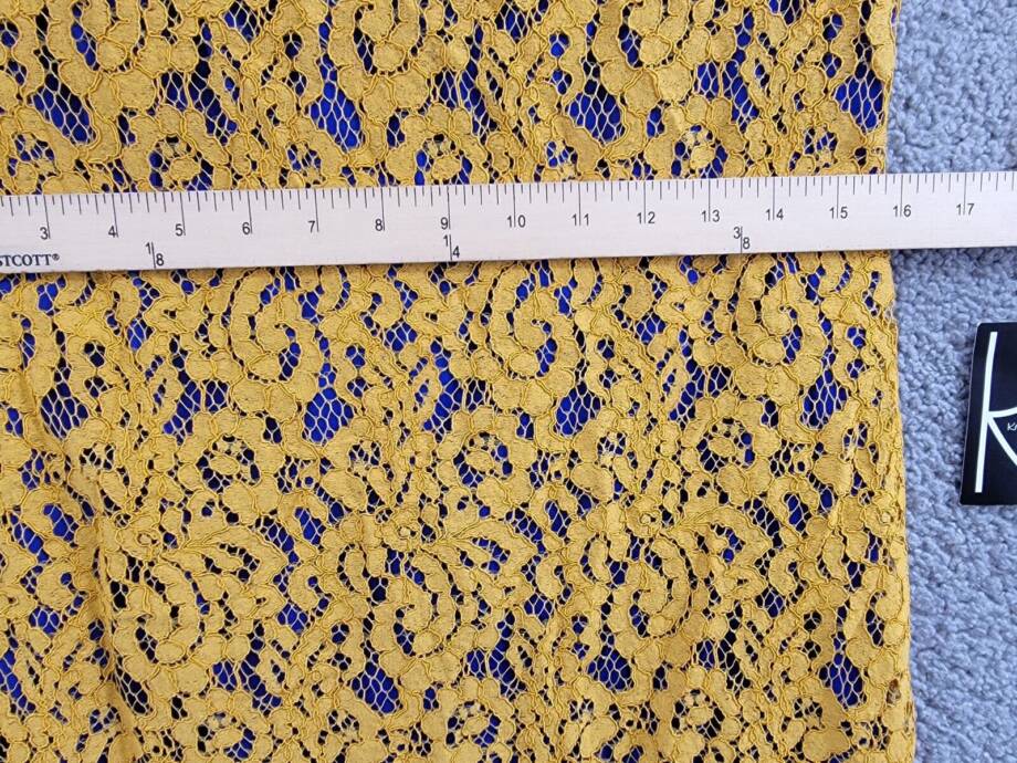 Kasper Lace Bell Sleeve Sheath Dress Women's S Gold/Royal Blue Back Zip Closure