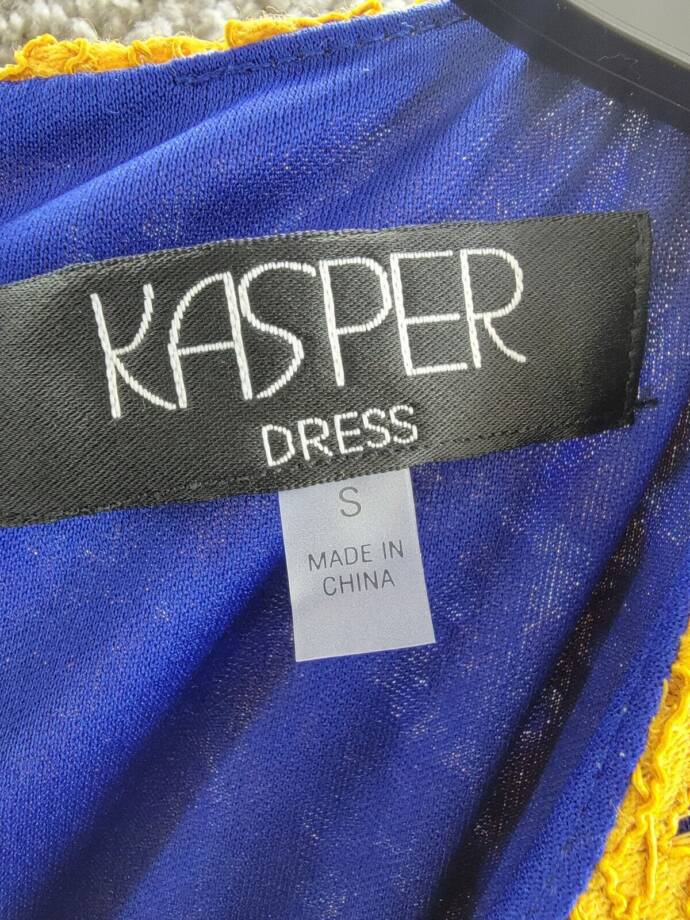 Kasper Lace Bell Sleeve Sheath Dress Women's S Gold/Royal Blue Back Zip Closure