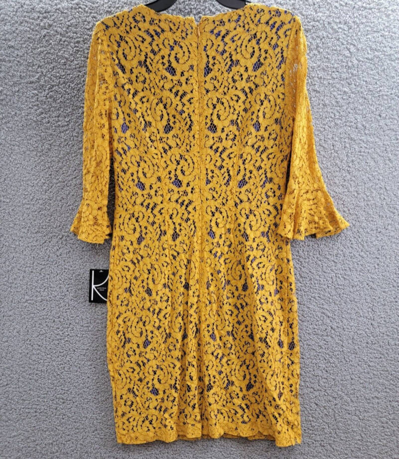 Kasper Lace Bell Sleeve Sheath Dress Women's S Gold/Royal Blue Back Zip Closure