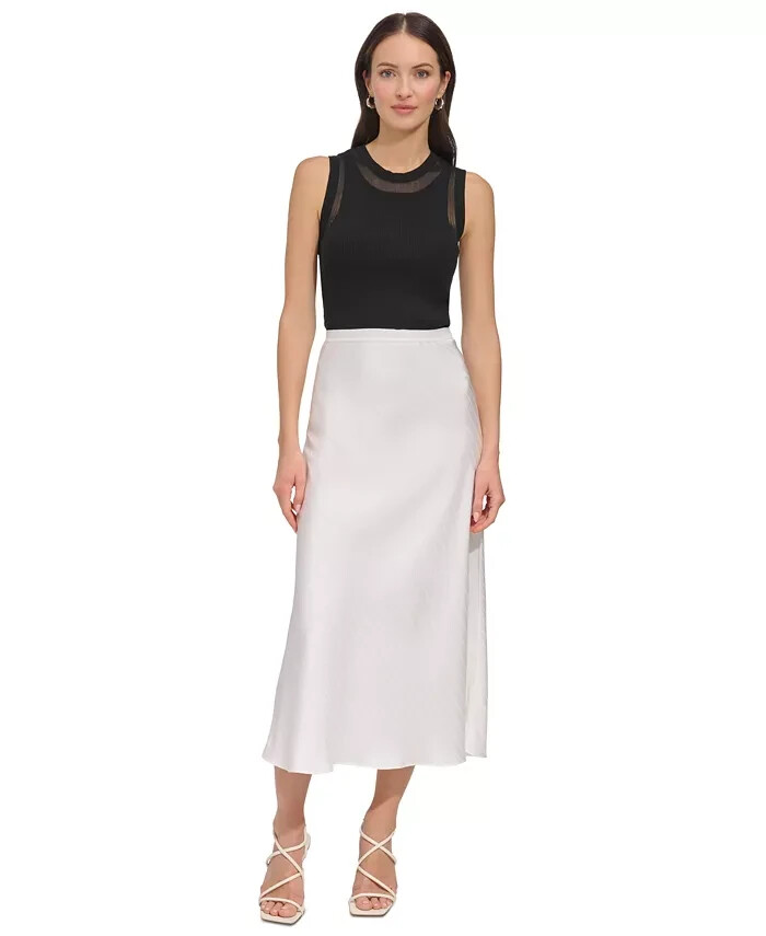 DKNY Jacquard-Stripe Slip Skirt Women's S Ivory Elastic Waist Pull On