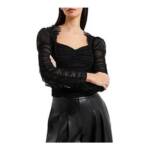 French Connection Edrea Long-Sleeve Tulle Top Women's 6 Blackout Ruched Pullover