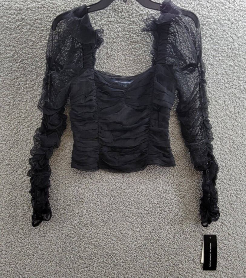 French Connection Edrea Long-Sleeve Tulle Top Women's 6 Blackout Ruched Pullover