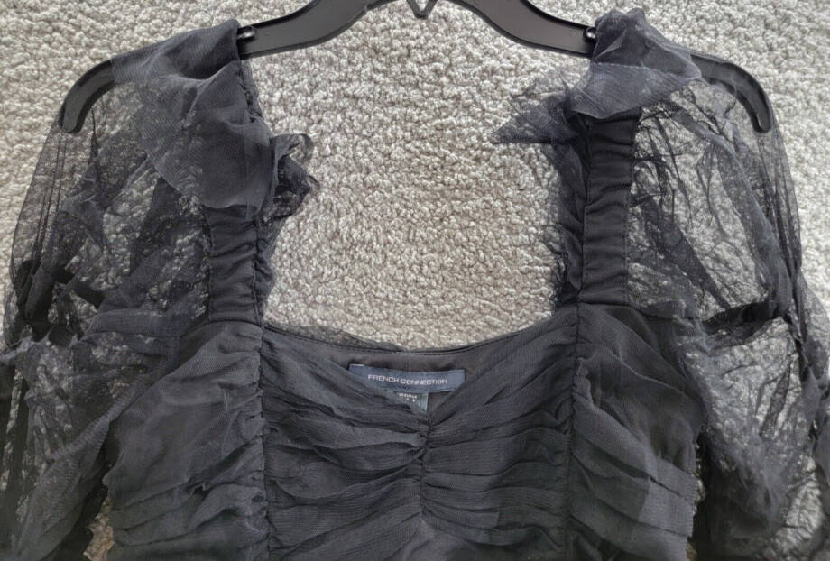 French Connection Edrea Long-Sleeve Tulle Top Women's 6 Blackout Ruched Pullover