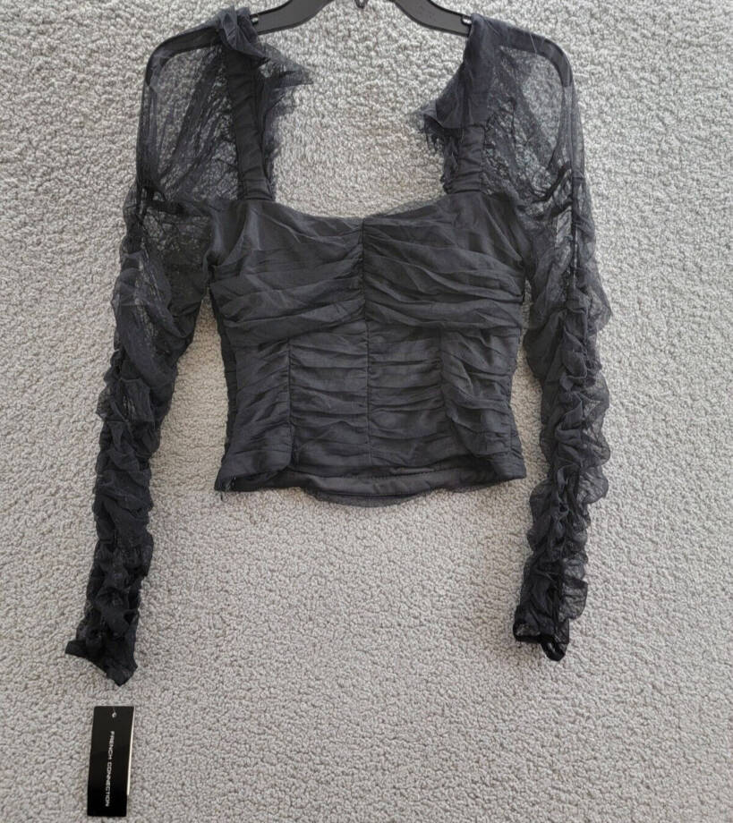 French Connection Edrea Long-Sleeve Tulle Top Women's 6 Blackout Ruched Pullover