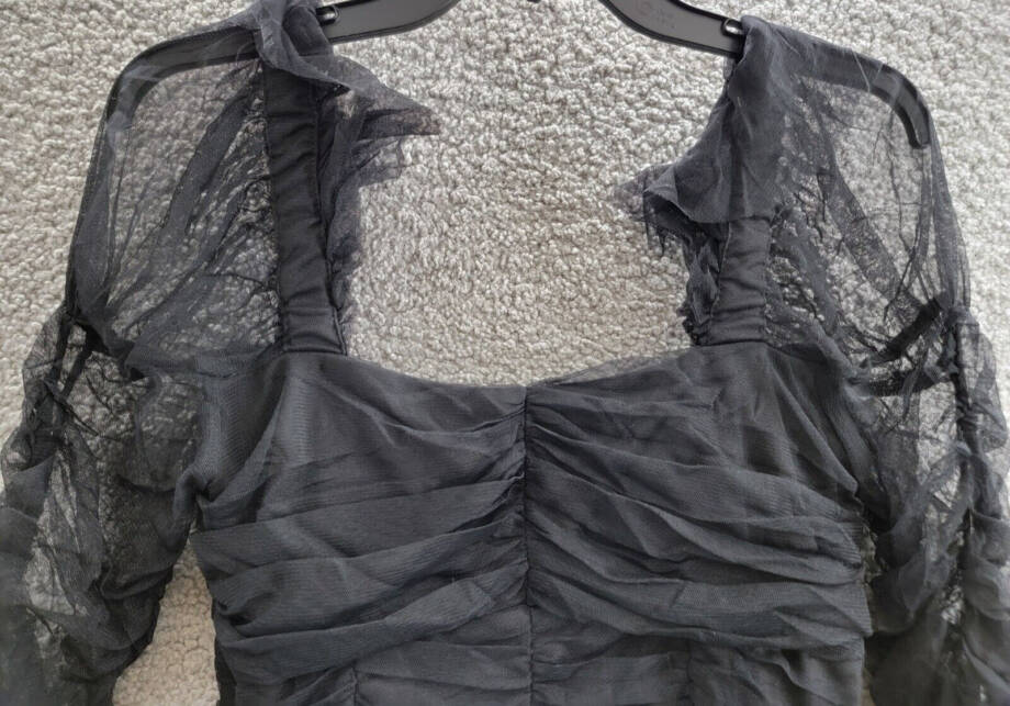 French Connection Edrea Long-Sleeve Tulle Top Women's 6 Blackout Ruched Pullover