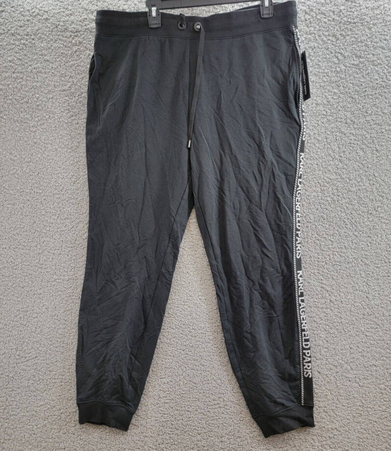 Karl Lagerfeld Paris Logo-Stripe Jogger Pants Women's XL Black/Silver Drawstring