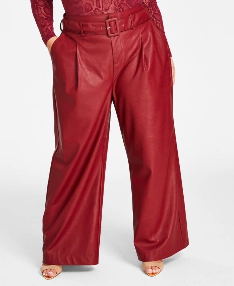 Nina Parker Plus Size Trendy Faux-Leather Wide-Leg Pants Women's 22W Burgundy~