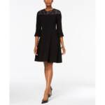 Charter Club Lace Yoke Fit Flare Dress Women's M Black Ruffle Sleeve Back Zip