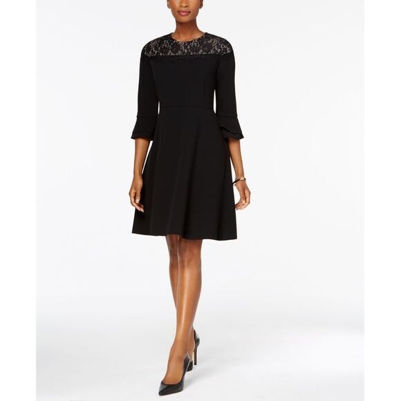 Charter Club Lace Yoke Fit Flare Dress Women's M Black Ruffle Sleeve Back Zip