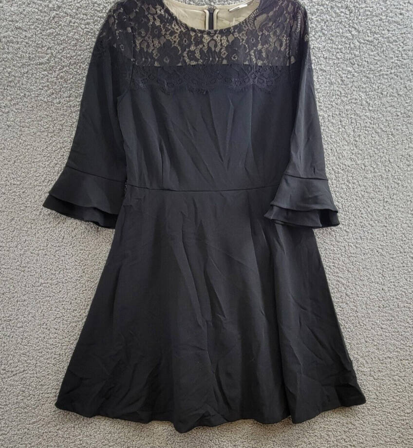Charter Club Lace Yoke Fit Flare Dress Women's M Black Ruffle Sleeve Back Zip
