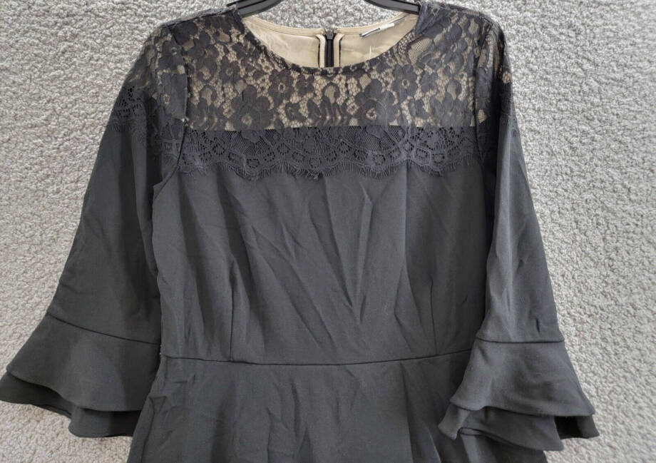 Charter Club Lace Yoke Fit Flare Dress Women's M Black Ruffle Sleeve Back Zip
