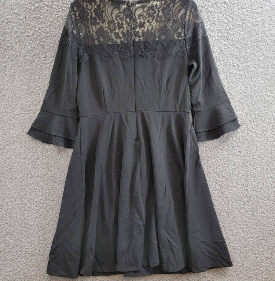 Charter Club Lace Yoke Fit Flare Dress Women's M Black Ruffle Sleeve Back Zip