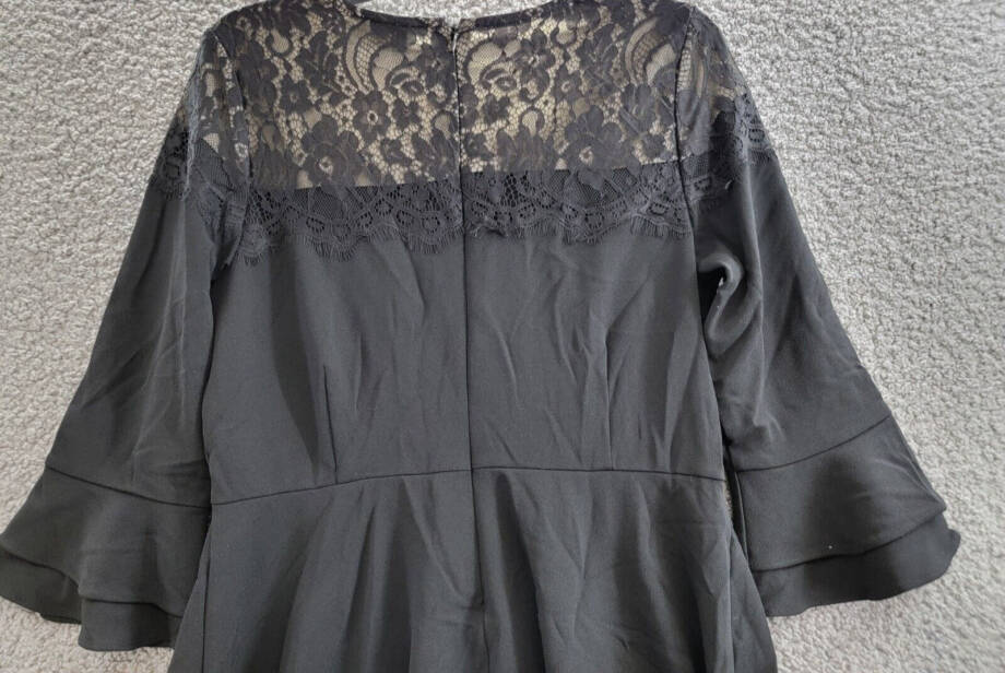 Charter Club Lace Yoke Fit Flare Dress Women's M Black Ruffle Sleeve Back Zip