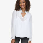 KARL LAGERFELD PARIS V-Neck Sheer-Sleeve Pleated Blouse Women's L Soft White~