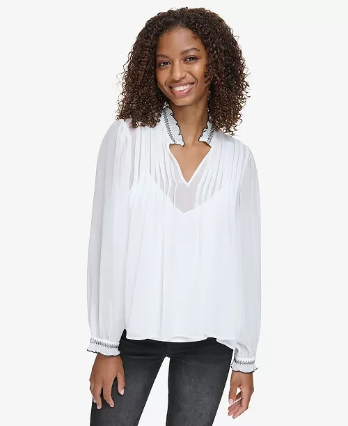 KARL LAGERFELD PARIS V-Neck Sheer-Sleeve Pleated Blouse Women's L Soft White~
