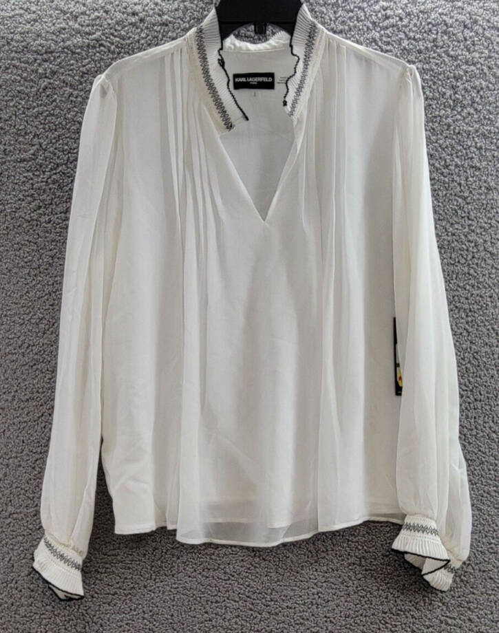 KARL LAGERFELD PARIS V-Neck Sheer-Sleeve Pleated Blouse Women's L Soft White~