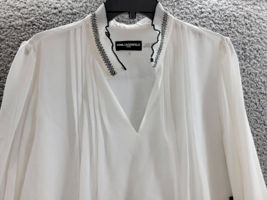 KARL LAGERFELD PARIS V-Neck Sheer-Sleeve Pleated Blouse Women's L Soft White~