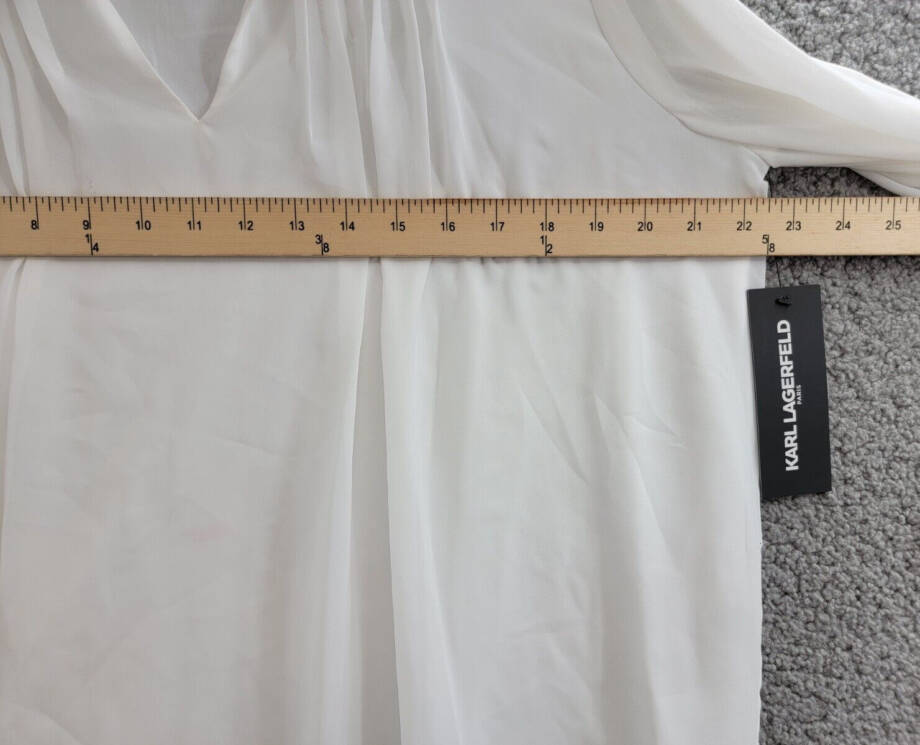 KARL LAGERFELD PARIS V-Neck Sheer-Sleeve Pleated Blouse Women's L Soft White~