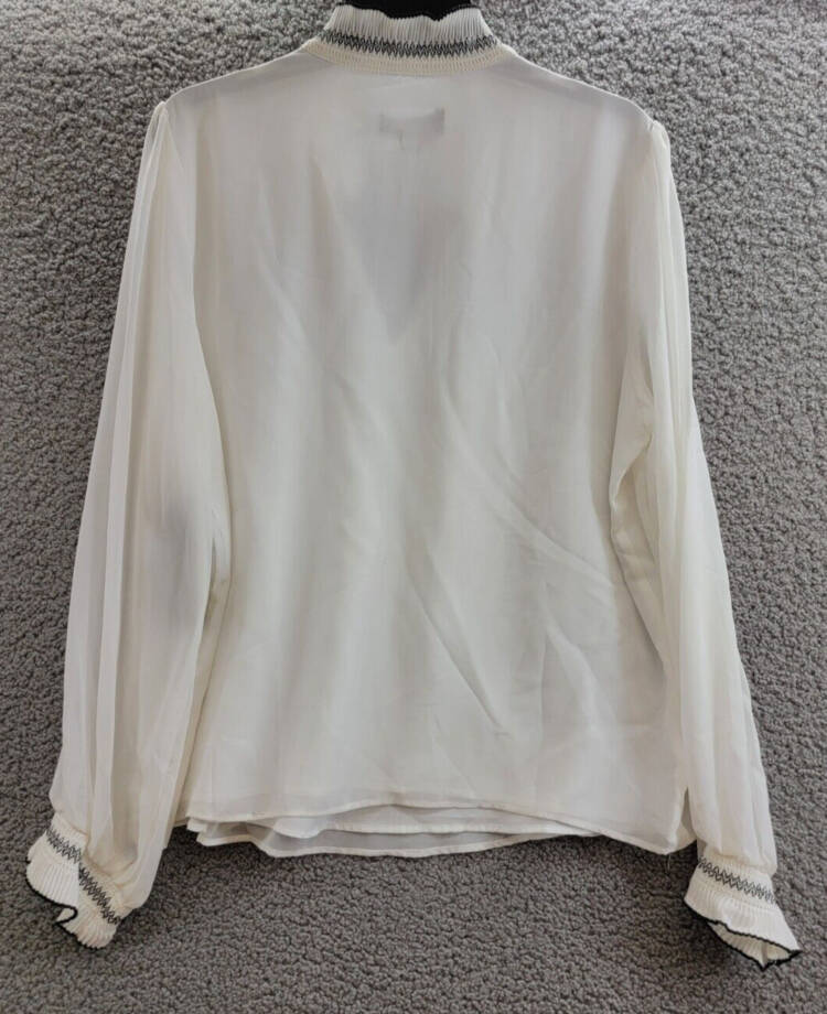 KARL LAGERFELD PARIS V-Neck Sheer-Sleeve Pleated Blouse Women's L Soft White~