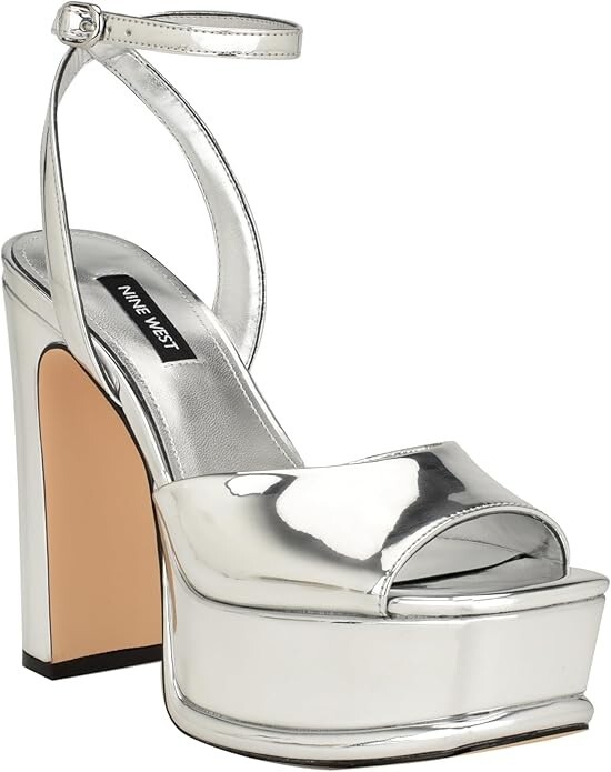 Nine West WN Platt 3 Faux Leather Platform Sandals Women's 7.5M Silver Buckle